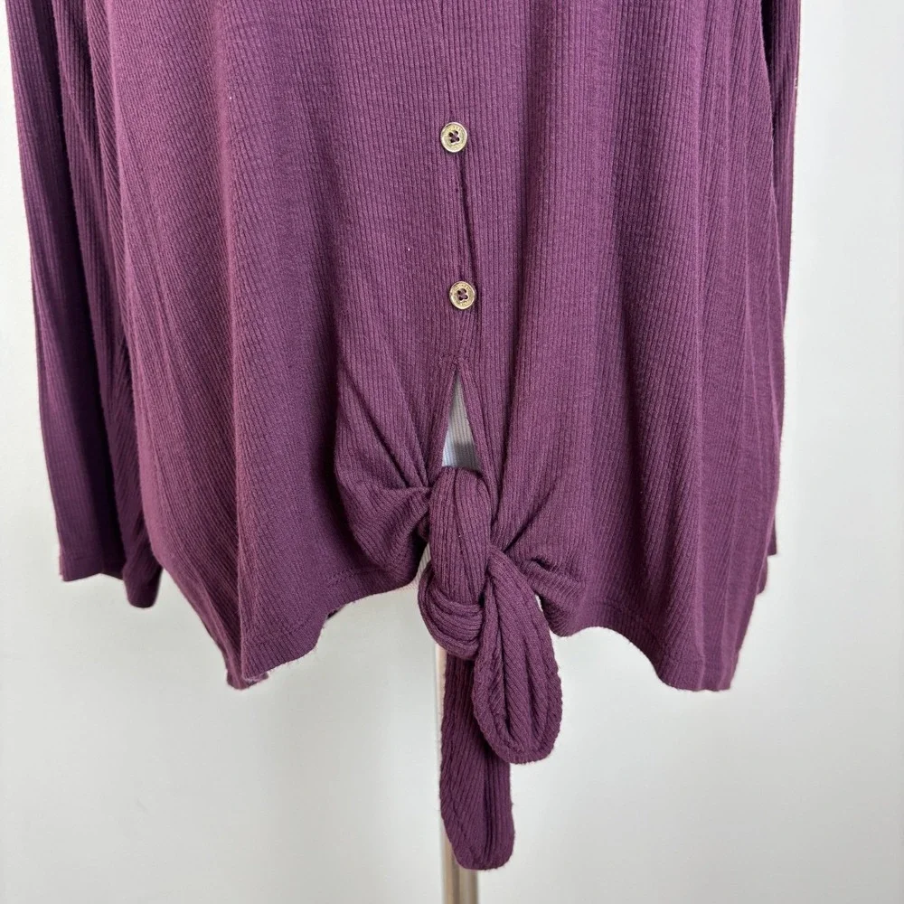 Michael‎ Kors Top Womens XL Purple Ribbed Knit Tie Hem 3/4 Sleeve Buttons V-Neck